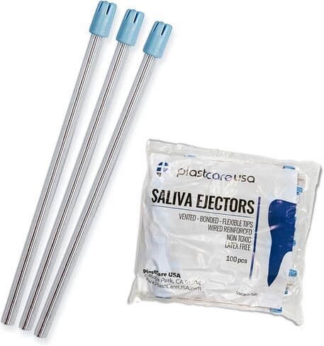 100 قاذف لعاب الأسنان يمكن التخلص منها - أطراف شفط خالية من اللاتكس من الدرجة الطبية - أنبوب شفاف مرن بطرف أزرق (100 عبوة) من PlastCare USA in Kuwait