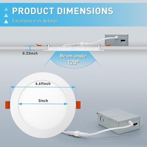 TRAMSMART 6 عبوات من مصابيح السقف LED مقاس 6 بوصات، رفيعة للغاية وقابلة للتعتيم 2700K/3000K/3500K/4000/5000K، سطوع 12W Eqv 110W 1100LM، إضاءة سفلية من الرقاقة غير القابلة للضوء - ETL&FCC in Kuwait