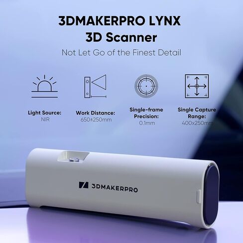 3DMakerpro Lynx 3D Scanner دقة 0.1 مم، سرعة مسح سريعة 10 إطارات في الثانية مع نطاق مسح ذكي واسع النطاق، برنامج مسح ثلاثي الأبعاد مجاني، دعم فحص الجسم وإعادة بناء السيارة - مجموعة متميزة in Kuwait