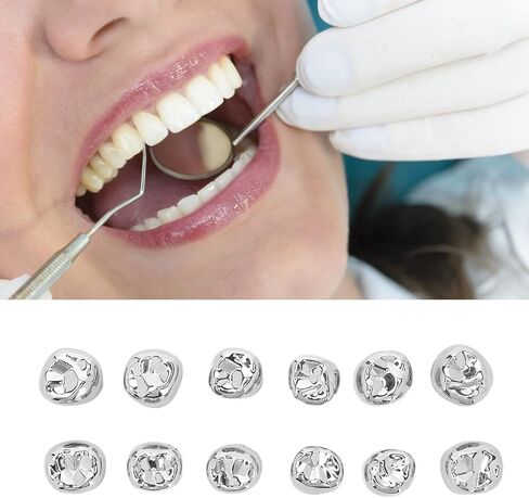 التيجان المعدنية المولية للأسنان، 12 قطعة من التيجان المعدنية المولية للأسنان المصنوعة من الفولاذ المقاوم للصدأ للبالغين، مواد مختبر تيجان الأسنان للبالغين، تيجان مولرية للأسنان واقية in Kuwait