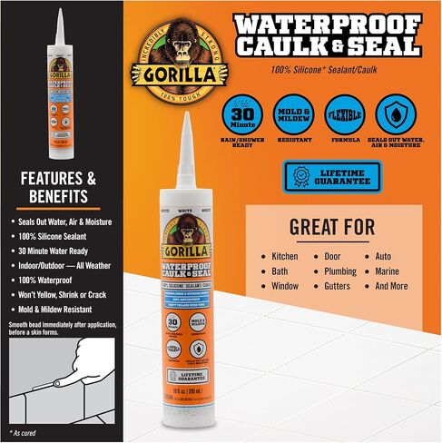 مانع تسرب من السيليكون بنسبة 100% مقاوم للماء من جوريلا، أبيض، خرطوشة 10 أونصة (عبوة من قطعة واحدة) in Kuwait