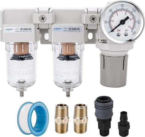 نظام نانو بو 1/4 بوصة 3/8 بوصة NPT لتجفيف الهواء - مرشحات هواء مزدوجة، كومبو منظم ضغط الهواء - تصريف شبه تلقائي، وعاء بولي 0.6 سم NPT DFR-02 1 in Kuwait