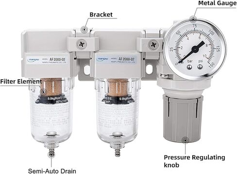 نظام نانو بو 1/4 بوصة 3/8 بوصة NPT لتجفيف الهواء - مرشحات هواء مزدوجة، كومبو منظم ضغط الهواء - تصريف شبه تلقائي، وعاء بولي 0.6 سم NPT DFR-02 1 in Kuwait