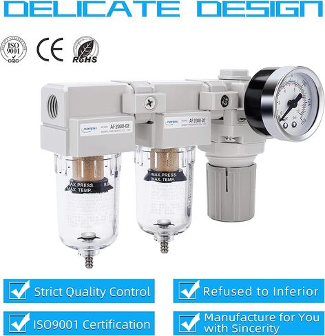 نظام نانو بو 1/4 بوصة 3/8 بوصة NPT لتجفيف الهواء - مرشحات هواء مزدوجة، كومبو منظم ضغط الهواء - تصريف شبه تلقائي، وعاء بولي 0.6 سم NPT DFR-02 1 in Kuwait