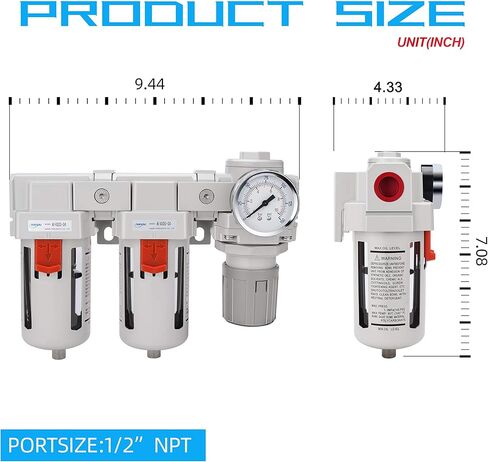 نظام تجفيف هواء نانو بي تي 1/4 بوصة 3/8 بوصة 1/2 بوصة NPT - مرشحات هواء مزدوجة، مجموعة منظم ضغط الهواء - تصريف شبه تلقائي، وعاء بولي 1/2 بوصة NPT DFR-04 1 in Kuwait