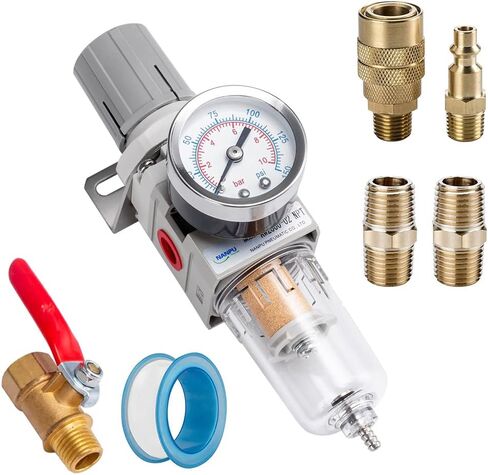 NANPU 1/4" NPT Compressed Air Filter Regulator Combo Piggyback, 5 Micron Brass Element, Poly Bowl, Semi-Auto Drain, Metal Bracket, 0-150 psi Gauge, Ball Valve in Saudi Arabia