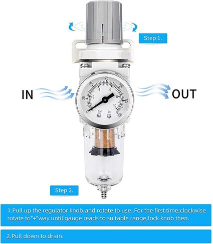 NANPU 1/4" NPT Compressed Air Filter Regulator Combo Piggyback, 5 Micron Brass Element, Poly Bowl, Semi-Auto Drain, Metal Bracket, 0-150 psi Gauge, Ball Valve in Saudi Arabia