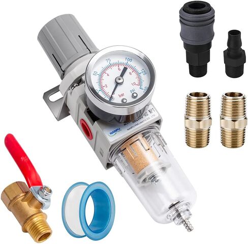 NANPU 1/4" NPT Compressed Air Filter Regulator Combo Piggyback, 5 Micron Brass Element, Poly Bowl, Semi-Auto Drain, Metal Bracket, 0-150 psi Gauge, Ball Valve in Saudi Arabia