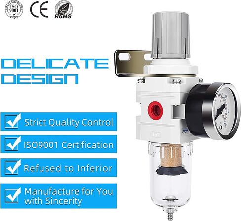 NANPU 1/4" NPT Compressed Air Filter Regulator Combo Piggyback, 5 Micron Brass Element, Poly Bowl, Semi-Auto Drain, Metal Bracket, 0-150 psi Gauge, Ball Valve in Saudi Arabia