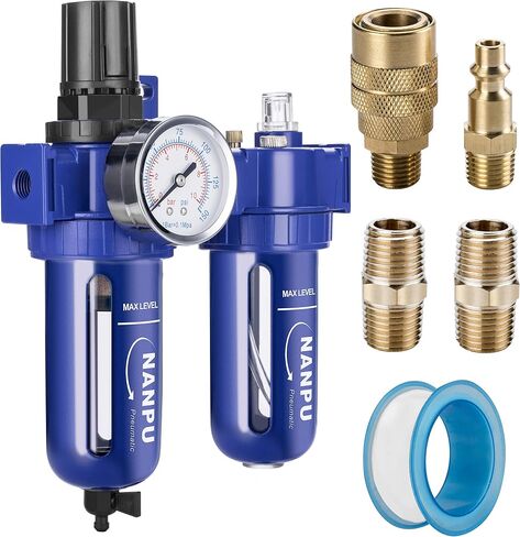 NANPU 1/2" NPT Compressed Air Filter Regulator Lubricator (FRL), Zinc Alloy, 5 Micron Brass Element, 0-150 psi Gauge, Quick Release Bowl, Manual Drain, Metal Bracket in Saudi Arabia