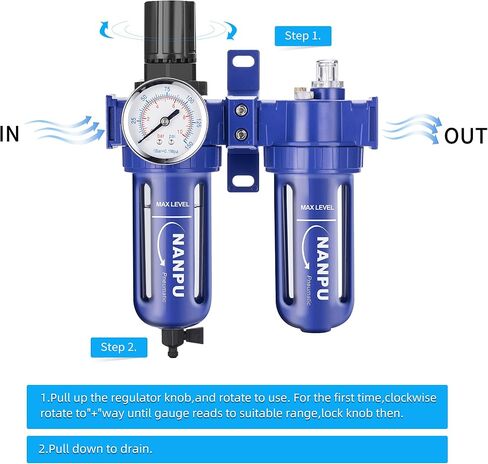 NANPU 1/2" NPT Compressed Air Filter Regulator Lubricator (FRL), Zinc Alloy, 5 Micron Brass Element, 0-150 psi Gauge, Quick Release Bowl, Manual Drain, Metal Bracket in Saudi Arabia