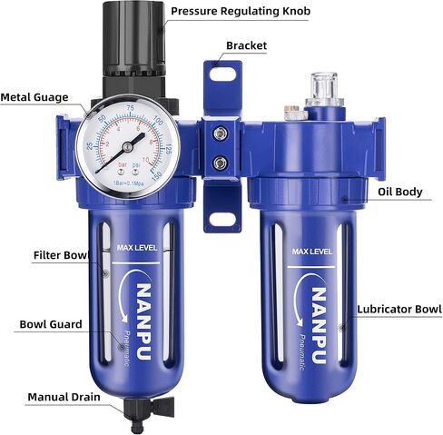 NANPU 1/2" NPT Compressed Air Filter Regulator Lubricator (FRL), Zinc Alloy, 5 Micron Brass Element, 0-150 psi Gauge, Quick Release Bowl, Manual Drain, Metal Bracket in Saudi Arabia