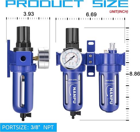 NANPU 1/2" NPT Compressed Air Filter Regulator Lubricator (FRL), Zinc Alloy, 5 Micron Brass Element, 0-150 psi Gauge, Quick Release Bowl, Manual Drain, Metal Bracket in Saudi Arabia