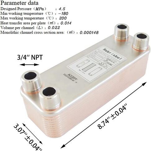Brazed Plate Heat Exchanger 3"x8" 20 Plates Water To Water Heat Exchanger, Copper/SS316L Stainless Steel 3/4" NPT in Kuwait