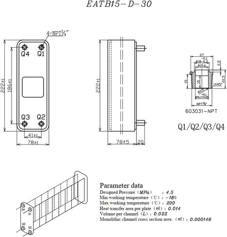 Brazed Plate Heat Exchanger 3"x8" 20 Plates Water To Water Heat Exchanger, Copper/SS316L Stainless Steel 3/4" NPT in Kuwait