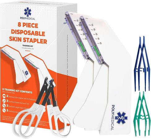 طقم دبابيس للجلد للاستعمال مرة واحدة مكون من 8 قطع بديل لخيوط الخياطة - 110 أسلاك، 2 أداة إزالة الدباسة + 4 ملقط بلاستيكي للتخييم في الهواء الطلق، والبقاء على قيد الحياة في حالات الطوارئ، والإسعافات الأولية، وتدريب الطبيب البيطري في حالات الطوارئ in Kuwait