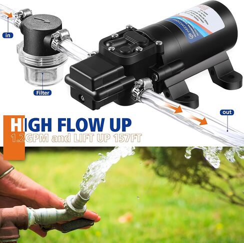 دريو مضخة مياه بغشاء 12 فولت مع 4 مشابك خرطوم ومصفاة مضخة مياه، 1.2 جالون في الدقيقة 80 باوند لكل انش مربع 12 فولت مضخة غسيل ذاتية التحضير ار في بتيار مستمر مع فلتر للمركبات الترفيهية والقوارب البحرية in Kuwait