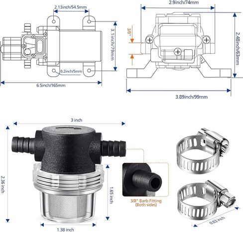 دريو مضخة مياه بغشاء 12 فولت مع 4 مشابك خرطوم ومصفاة مضخة مياه، 1.2 جالون في الدقيقة 80 باوند لكل انش مربع 12 فولت مضخة غسيل ذاتية التحضير ار في بتيار مستمر مع فلتر للمركبات الترفيهية والقوارب البحرية in Kuwait