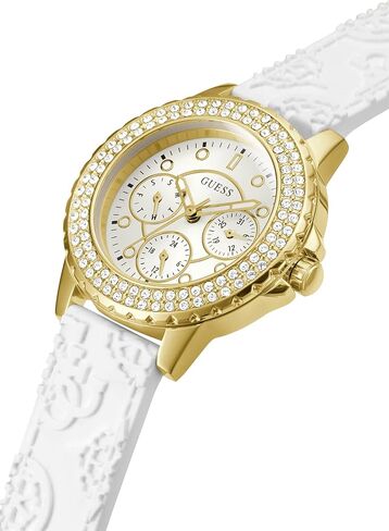 GUESS Ladies Sport Crystal Multifunction 36mm Watch – White Dial Gold-Tone Stainless Steel Case with White Silicone Strap in Kuwait