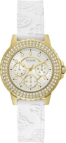 GUESS Ladies Sport Crystal Multifunction 36mm Watch – White Dial Gold-Tone Stainless Steel Case with White Silicone Strap in Kuwait