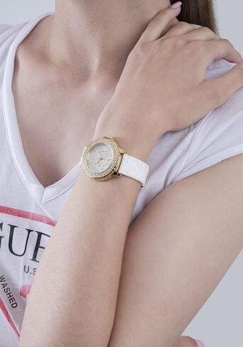 GUESS Ladies Sport Crystal Multifunction 36mm Watch – White Dial Gold-Tone Stainless Steel Case with White Silicone Strap in Kuwait
