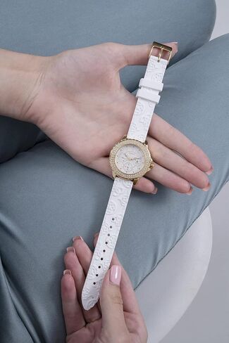 GUESS Ladies Sport Crystal Multifunction 36mm Watch – White Dial Gold-Tone Stainless Steel Case with White Silicone Strap in Kuwait