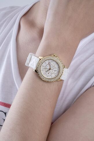 GUESS Ladies Sport Crystal Multifunction 36mm Watch – White Dial Gold-Tone Stainless Steel Case with White Silicone Strap in Kuwait