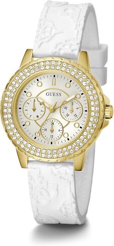 GUESS Ladies Sport Crystal Multifunction 36mm Watch – White Dial Gold-Tone Stainless Steel Case with White Silicone Strap in Kuwait