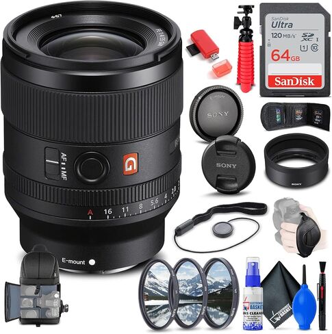 Sony FE 35mm f/1.4 GM Lens (SEL35F14GM) + Filter Kit + Backpack + 64GB Card + Card Reader + Flex Tripod + Memory Wallet + Lens Cap Keeper + Cleaning Kit + Hand Strap + More (Renewed) in Saudi Arabia