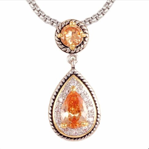Aaron Lee Designs Rhodium/24k Gold Plated, Champagne Pear Cubic Zirconia (CZ) Pendant Necklace, 16"+2" Extender in Saudi Arabia