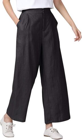Aeneontrue Women's 100% Linen Wide Leg Pants Capri Trousers Back with Elastic Waist in Saudi Arabia