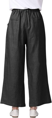 Aeneontrue Women's 100% Linen Wide Leg Pants Capri Trousers Back with Elastic Waist in Saudi Arabia