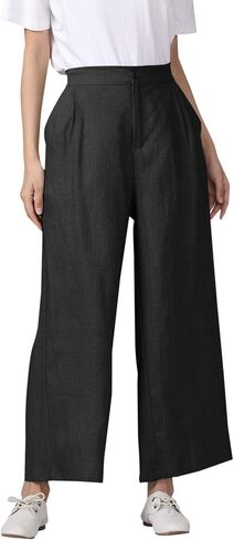 Aeneontrue Women's 100% Linen Wide Leg Pants Capri Trousers Back with Elastic Waist in Saudi Arabia