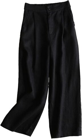 Aeneontrue Women's 100% Linen Wide Leg Pants Capri Trousers Back with Elastic Waist in Saudi Arabia