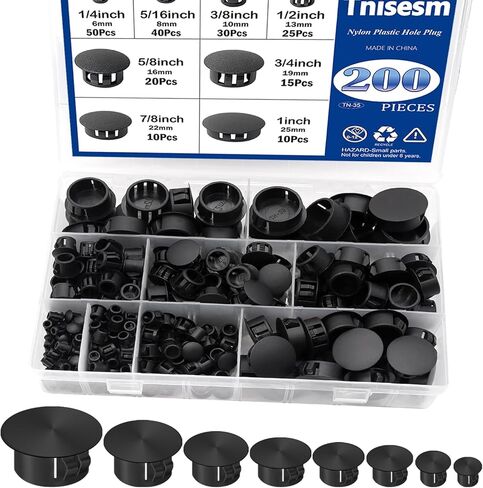 Tnisesm 200Pcs 8 Sizes Nylon Plastic Hole Plugs 1/4" 5/16" 3/8" 1/2" 5/8" 3/4" 7/8" 1" Round Drill Hole, Flush Type Panel Knockout Locking Plugs, Black Screw Covers for Furniture Cabinet Insert End in Kuwait