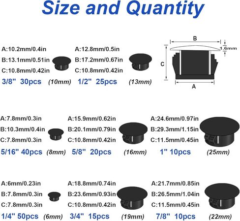 Tnisesm 200Pcs 8 Sizes Nylon Plastic Hole Plugs 1/4" 5/16" 3/8" 1/2" 5/8" 3/4" 7/8" 1" Round Drill Hole, Flush Type Panel Knockout Locking Plugs, Black Screw Covers for Furniture Cabinet Insert End in Kuwait