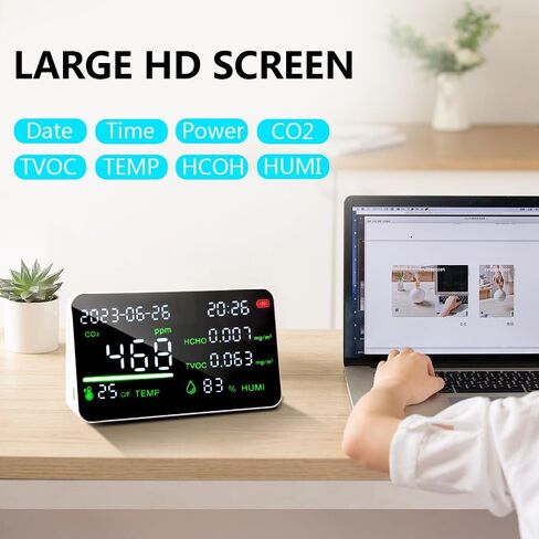 Air Quality Monitor, Professional 5 in 1 CO2 TVOC HCHO Humidity Temperature Detector with Audible & Visual Alarm,Real Time Monitoring,Battery Powered,Home Air Test Kits for Office in Kuwait
