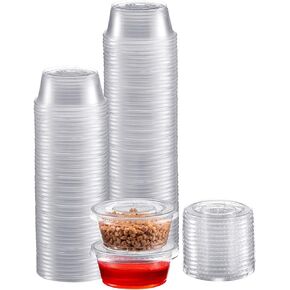 Portion Cups with Lids (1 Ounces, 100 Pack) | Disposable Plastic Cups for Meal Prep, Portion Control, Salad Dressing, & Medicine | Small Plastic Condiment Container