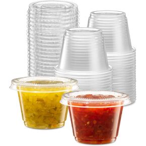{1 oz - 100 Sets} Black Diposable Plastic Portion Cups With Lids, Small Mini Containers For Portion Controll, Jello Shots, Meal Prep, Sauce Cups, Slime, Condiments, Medicine, Dressings, Crafts, Disposable Souffle Cups & Much more in Saudi Arabia