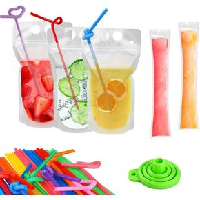 100 Pcs Drink Pouches with 100 Straw Holes, Freezable Juice Pouches, Translucent Reclosable Zipper Plastic Pouches Drink Bags for Cold & Hot Drinks for Adults and Kids