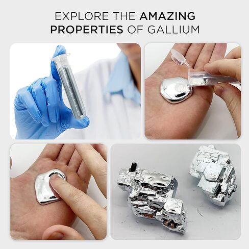 Gallium Liquid Metal 50 Grams, 99.99% Pure Melting Gallium - 50g Vial, Syringe, Silicone Mold Cubes, and Complete DIY Science Experiment Guide in Kuwait