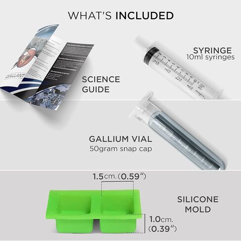 Gallium Liquid Metal 50 Grams, 99.99% Pure Melting Gallium - 50g Vial, Syringe, Silicone Mold Cubes, and Complete DIY Science Experiment Guide in Kuwait
