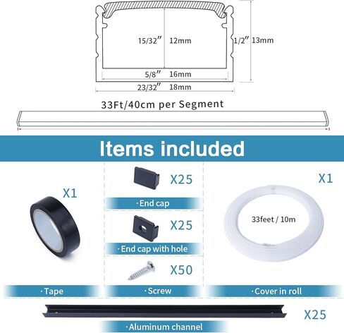 Muzata 33Ft/10M قناة LED فضية مع غطاء ناشر أبيض حليبي متجمد بدون بقع 16 مم مسار ألومنيوم عريض للغاية لشريط LED مقاوم للماء U103 WW LR1 25 حزمة 1.3FT/40 سم لكل قطعة in Kuwait