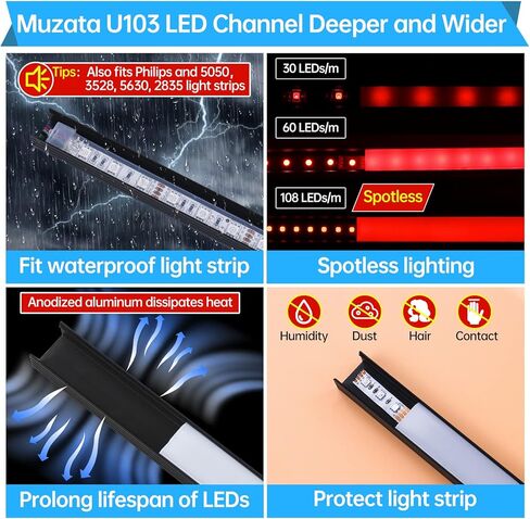 Muzata 33Ft/10M قناة LED فضية مع غطاء ناشر أبيض حليبي متجمد بدون بقع 16 مم مسار ألومنيوم عريض للغاية لشريط LED مقاوم للماء U103 WW LR1 25 حزمة 1.3FT/40 سم لكل قطعة in Kuwait