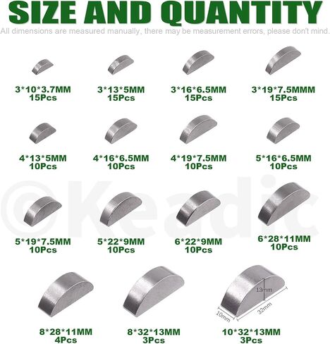 Keadic 150Pcs 15 Sizes Metric Woodruff Key Assortment Set, Carbon Steel Half Moon Gear Shaft Drive Semicircle Bond Key Pulley Crank Hardware Accessories for Mechanical Industry Fasteners in Saudi Arabia