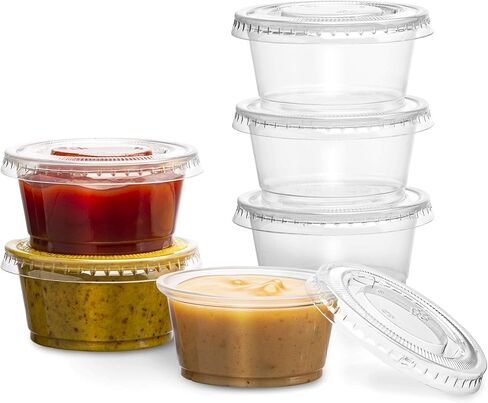 Clear Disposable Plastic 1 Oz Portion Cups (100 Sets) - Condiment, Sauce, Dressing, Jello Shot Cups With Lids in Kuwait