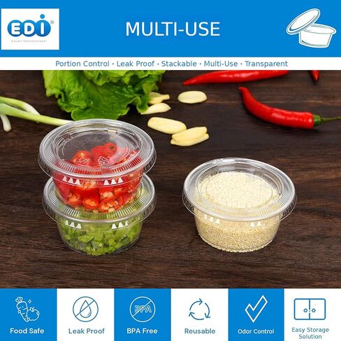 EDI [2 OZ, 50 Sets] Clear Disposable Plastic Portion Cups with Leakproof Lids | Jello Shot Cups | Condiment and Dipping Sauce Cups | Souffle Cups | BPA Free | Recyclable in Kuwait