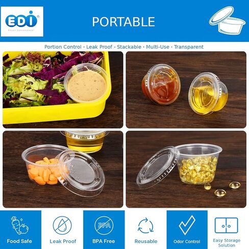 EDI [2 OZ, 50 Sets] Clear Disposable Plastic Portion Cups with Leakproof Lids | Jello Shot Cups | Condiment and Dipping Sauce Cups | Souffle Cups | BPA Free | Recyclable in Kuwait