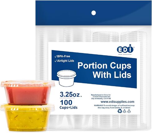 EDI [2 OZ, 50 Sets] Clear Disposable Plastic Portion Cups with Leakproof Lids | Jello Shot Cups | Condiment and Dipping Sauce Cups | Souffle Cups | BPA Free | Recyclable in Kuwait