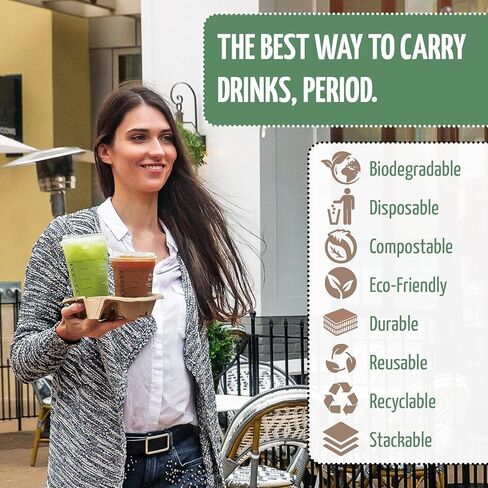 صينية حامل اكواب من قطعتين (50 قطعة)، صينية حامل اكواب للاستعمال مرة واحدة مضادة للانسكاب ولا تسبب الفوضى، قابلة للتحلل البيولوجي، حامل مشروبات صديق للبيئة لتوصيل المشروبات الساخنة او الباردة، مثالي in Kuwait